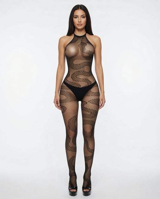 Cobra Forest Green Fishnet Halter Bodystocking Fits XS-L