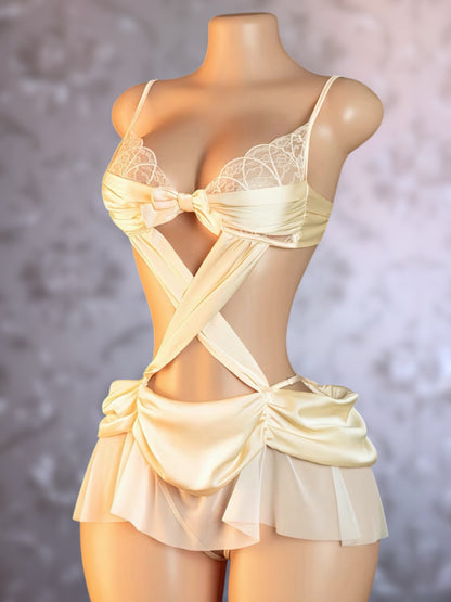 Leia Champagne Cascading Ruched Crotchless Bodysuit Fits XS-L