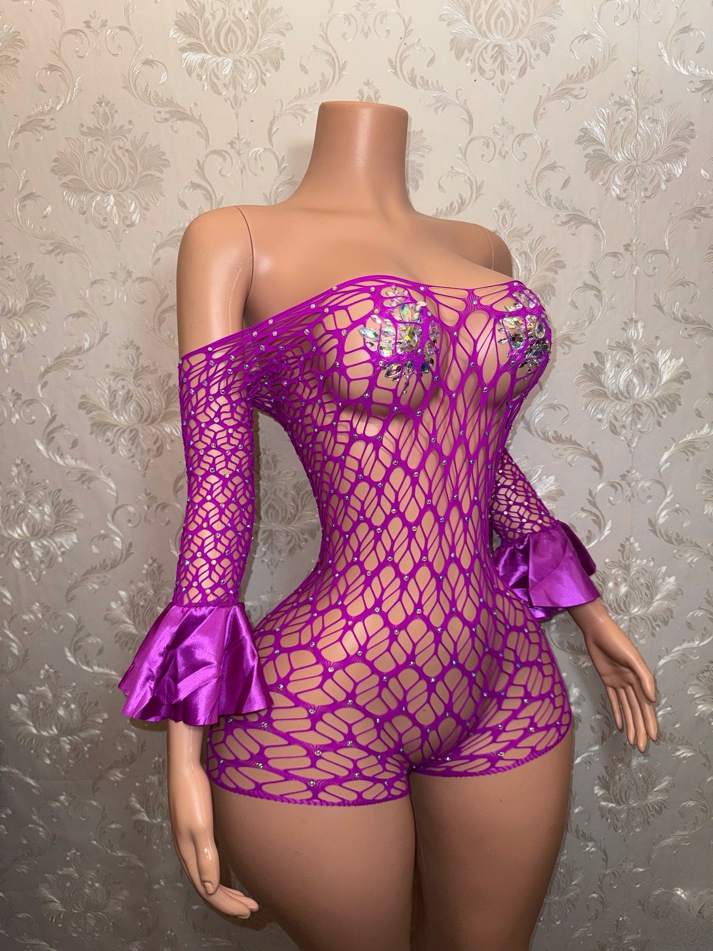 Kayla — Off Shoulder Fishnet Romper Fits XS-M