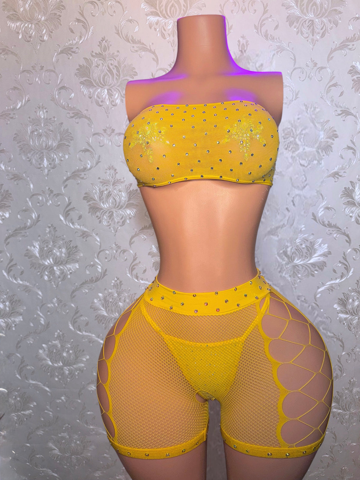 Majesty Rhinestone Crotchless Fishnet Shorts Set Fits XS-L