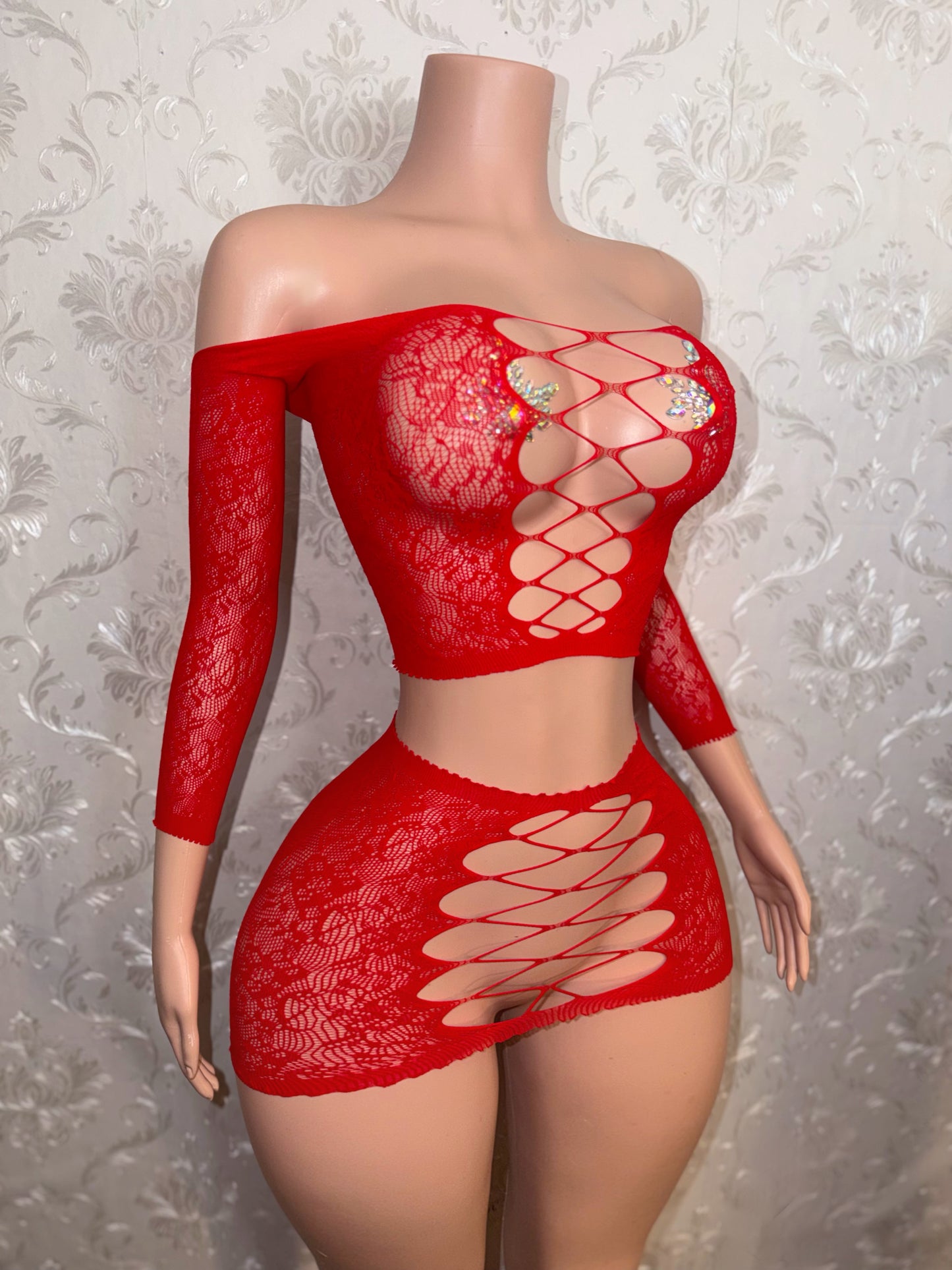 Harmonie Off Shoulder Fishnet Lace Skirt Set Fits XS-L