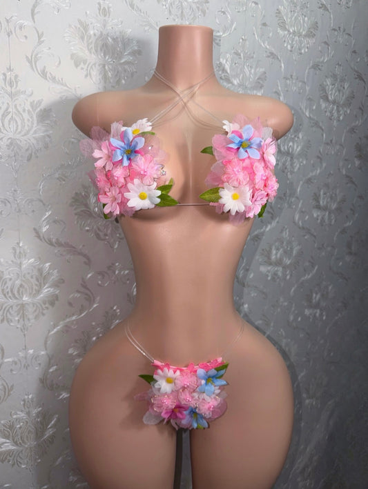 Petal Pusher 3D Floral Bikini Optional Fishnets