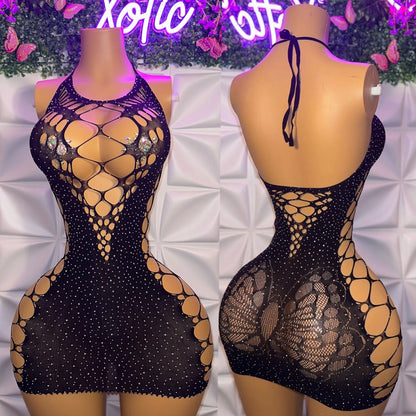 Motion — Diamond Studded Fishnet Dress with Butterfly Back Fits XS-L Romper Fits XS-M