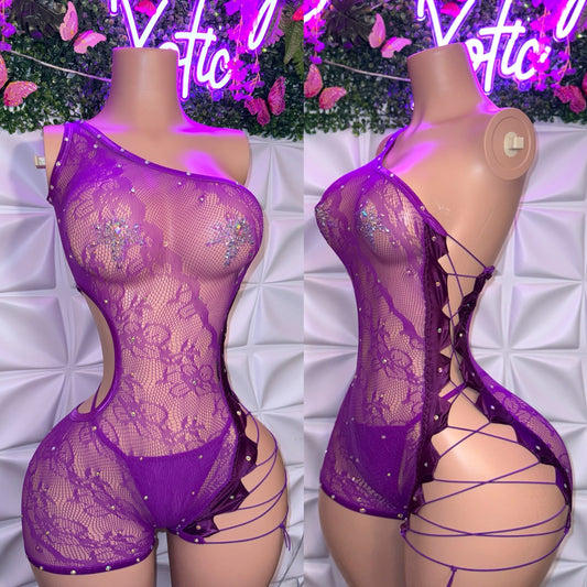 XTC — Diamond Lace Hollow Out Romper Corset Side 2 Piece Set with Thong Fits XS-L