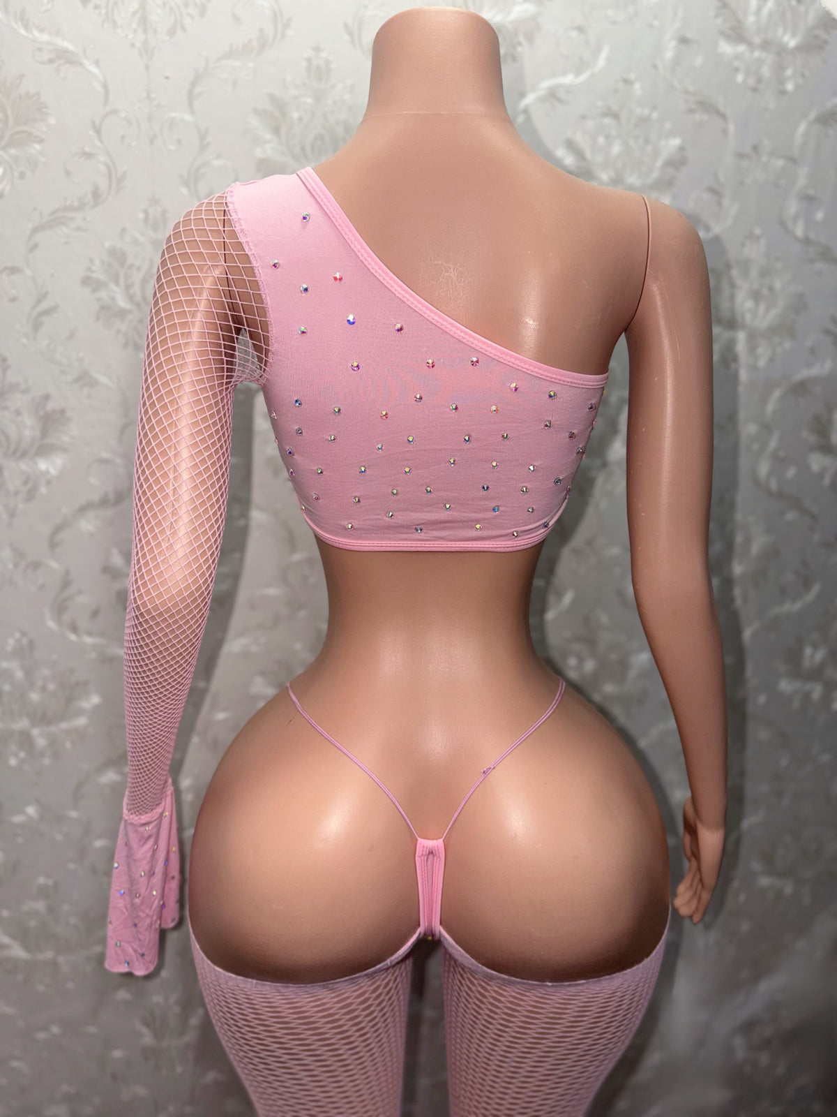 Alize Extra Rhinestones Bell Sleeve Cutoff Fishnet 3 Piece Set