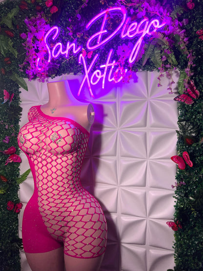 Holiday — Birthday Suit Bedazzled Romper Asymmetrical Fishnet Fits XS-L Optional Extra Stones