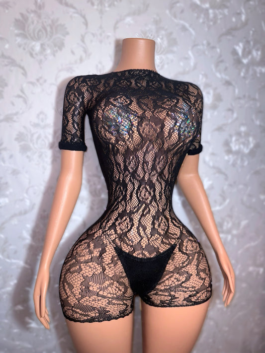 Suriyah Long Sleeve Backless Fishnet Romper Fits XS-M