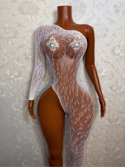 Bernice Cheetah Off Shoulder Fishnet Jumpsuit Fits XS-XL