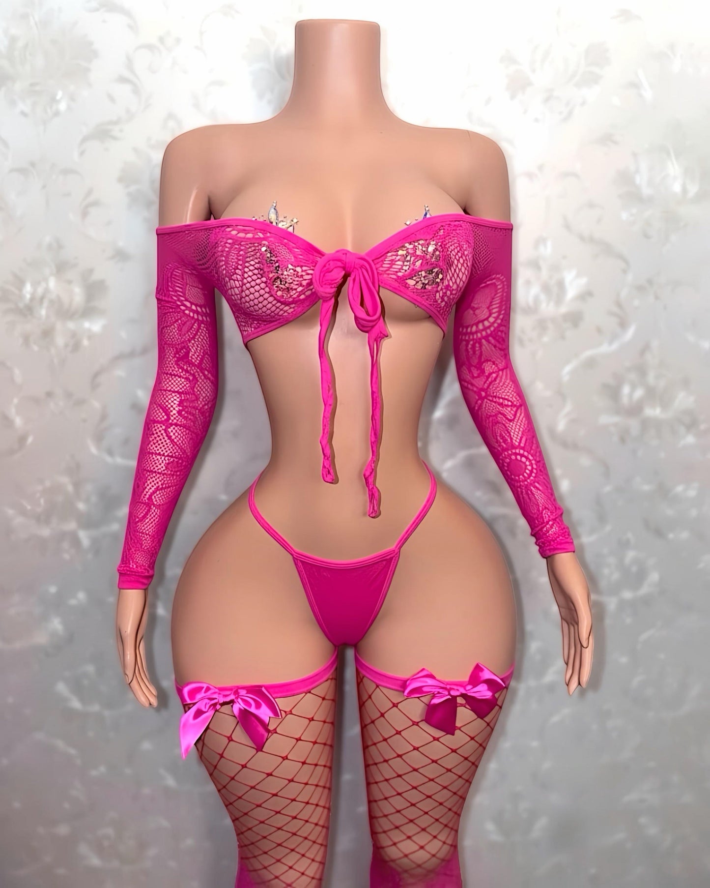 Venus 3 Piece Fishnet Set with Stockings Fits XS-L