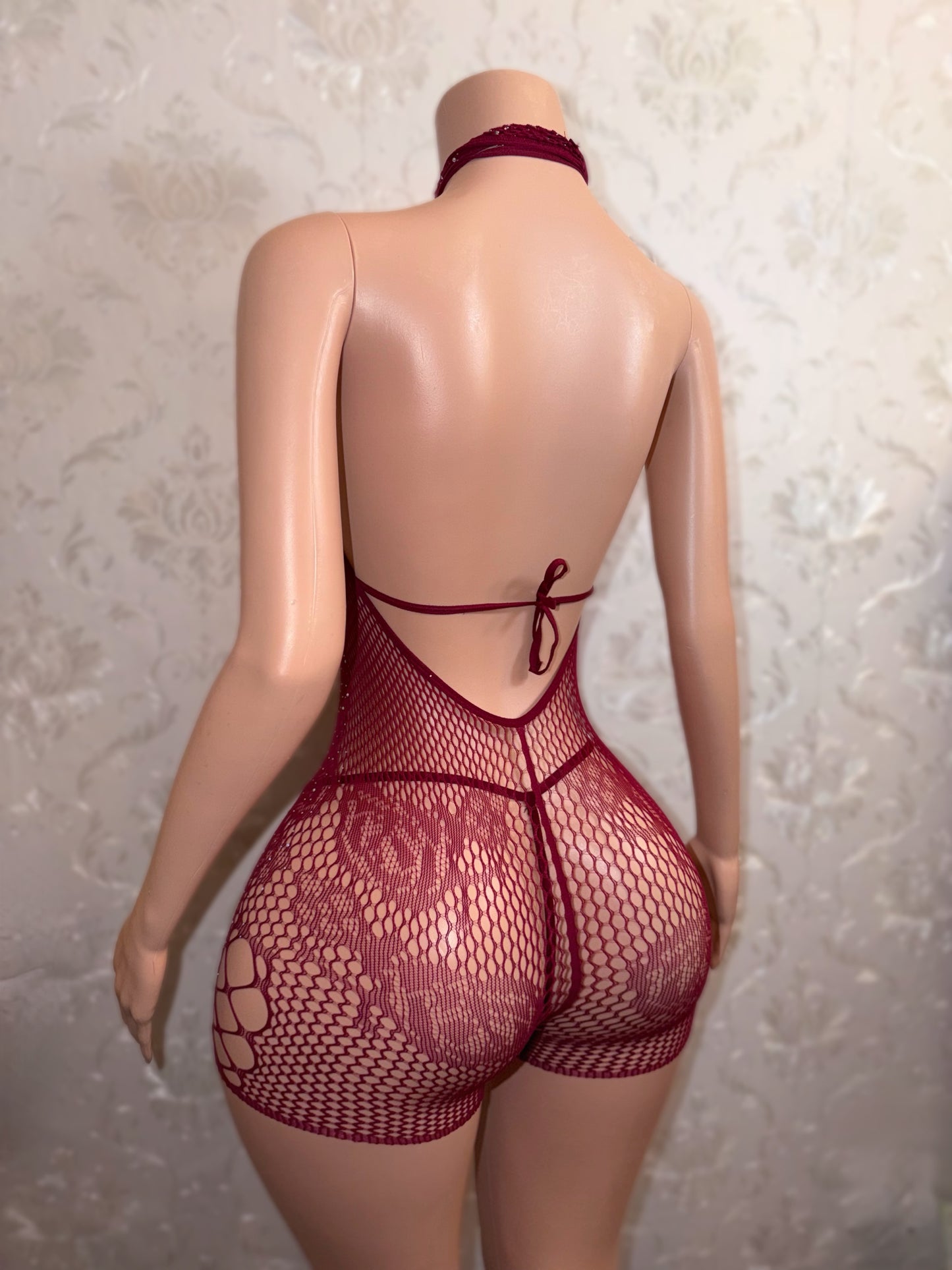 Mean Girl Rhinestone 3 Piece Fishnet Romper Bikini Set Fits XS-L