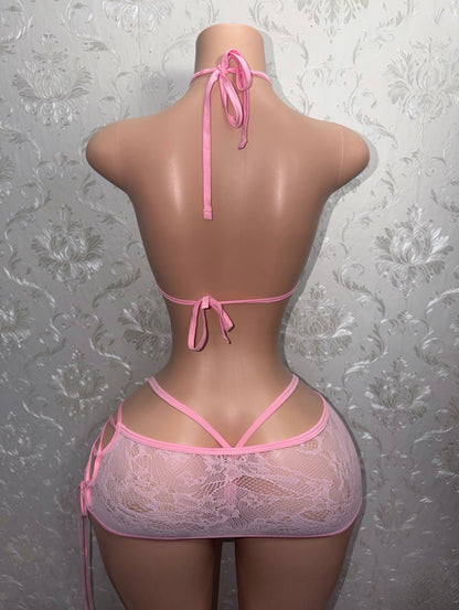 Kawaii Barker Fishnet Lace Skirt Set Optional Bows Fits XS-M