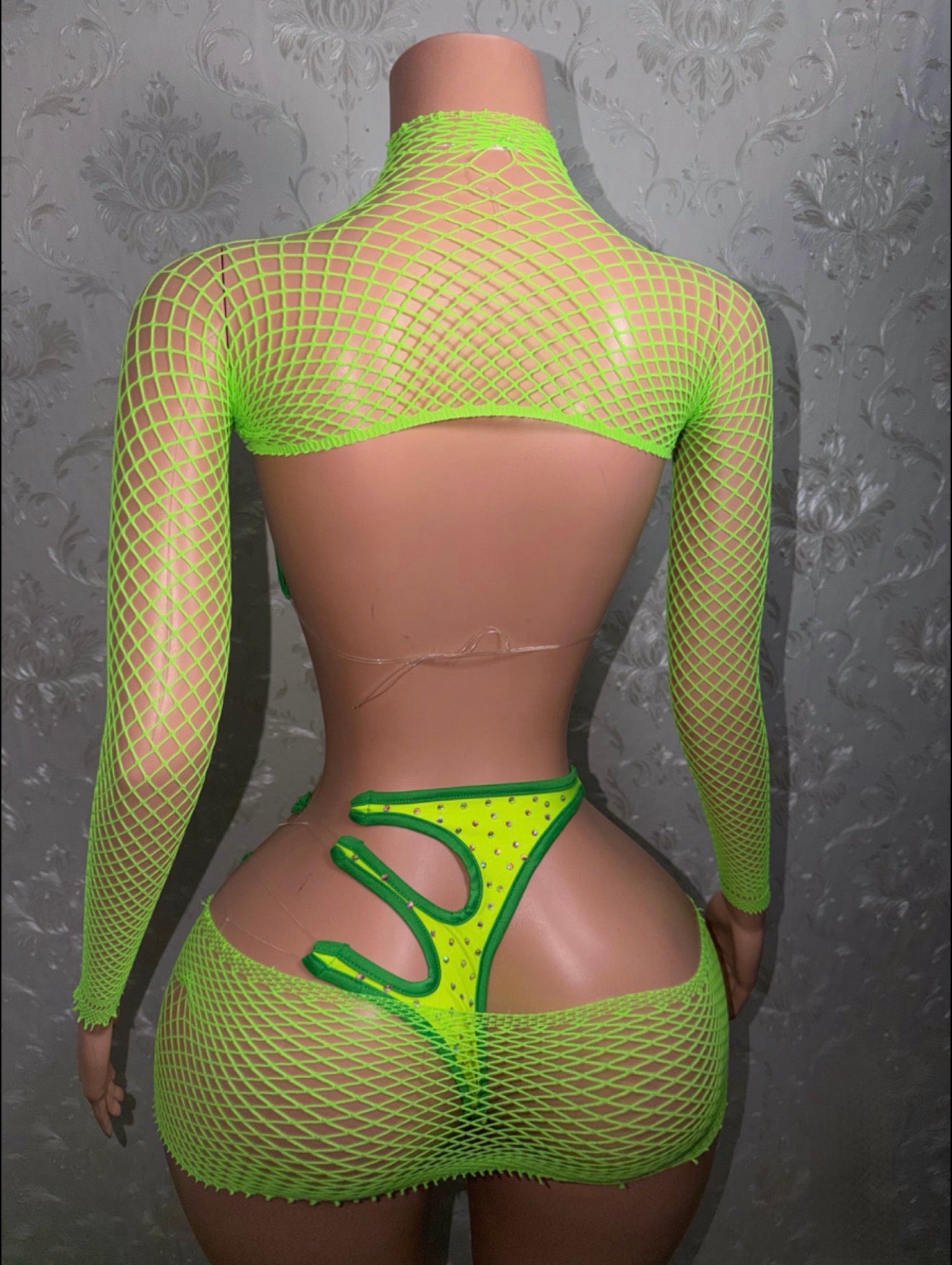 Sour Apple Mamacita Rhinestone 4 Piece Bikini & Fishnet Set