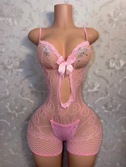 Babydoll Diamond Lace Fishnet Romper Fits XS-L