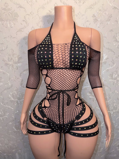 Georgia Peach + Teyana Fishnet Dress 3 Piece Set Fits S-L