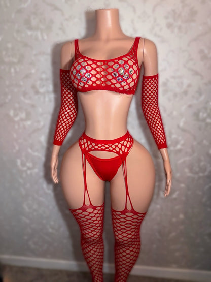Naima Pothole Fishnet Garter Set With Thong Fits XS-M