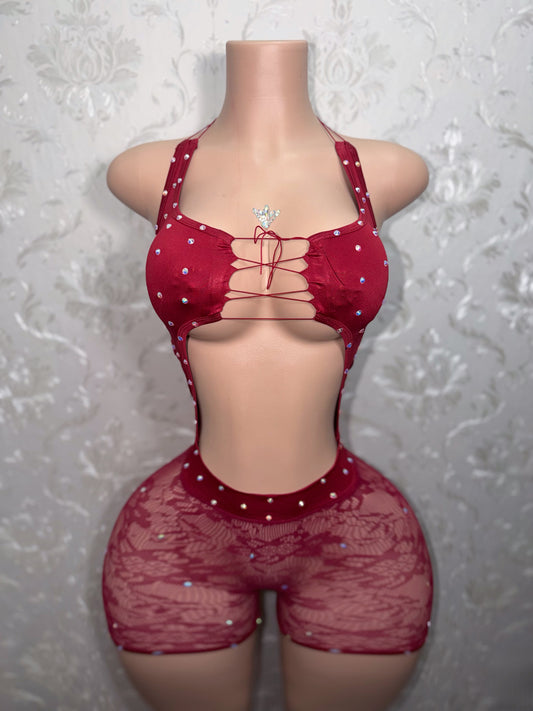 Foxy Dime Burgundy Fishnet Romper Optional Thong Fits M-L