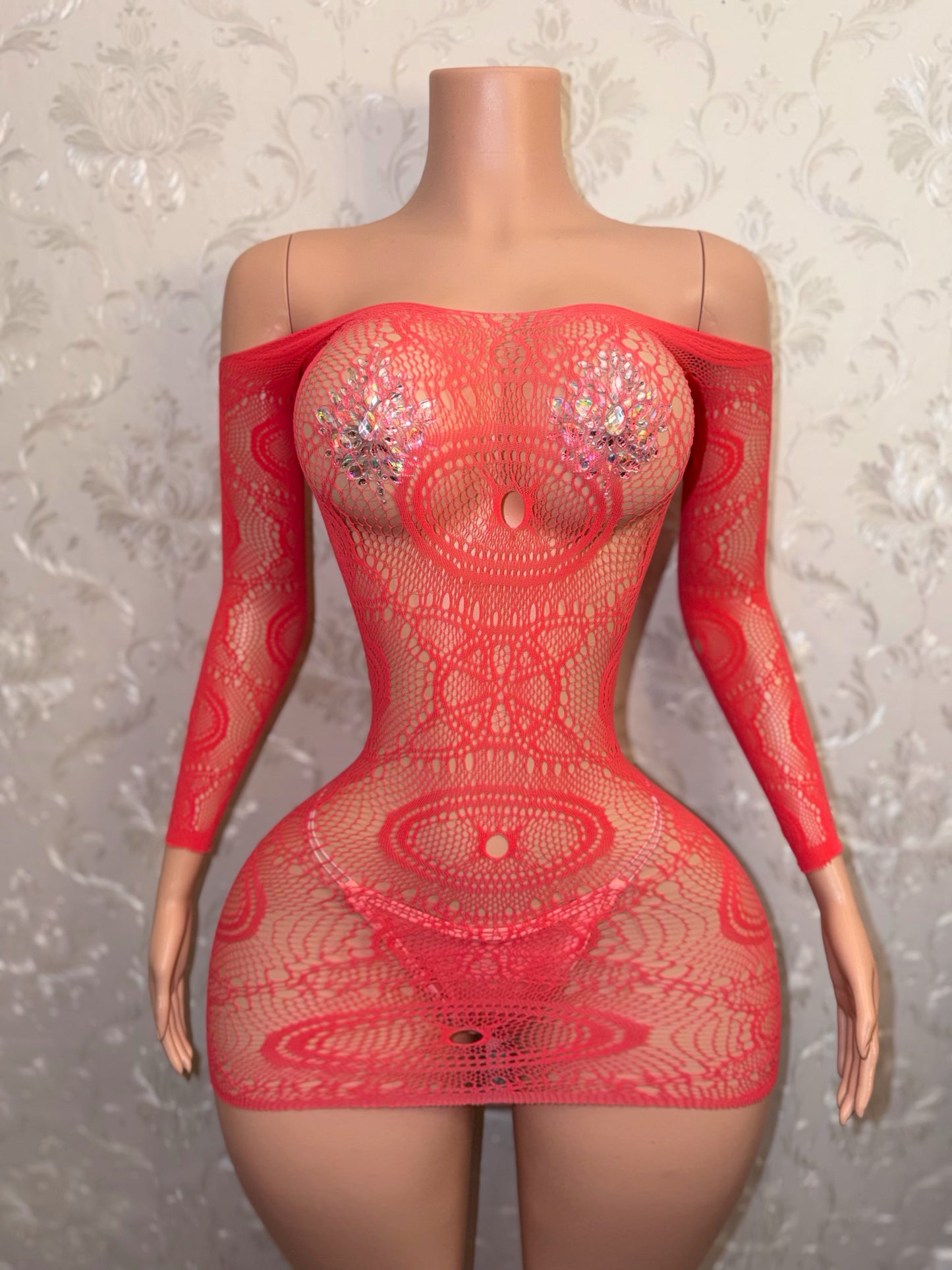 Eye of the Tiger Off Shoulder Fishnet Dress Fits XS-L