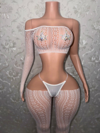 Leila Mandala Lace Fishnet Cut Off Pants Set Optional Thong Fits XS-L