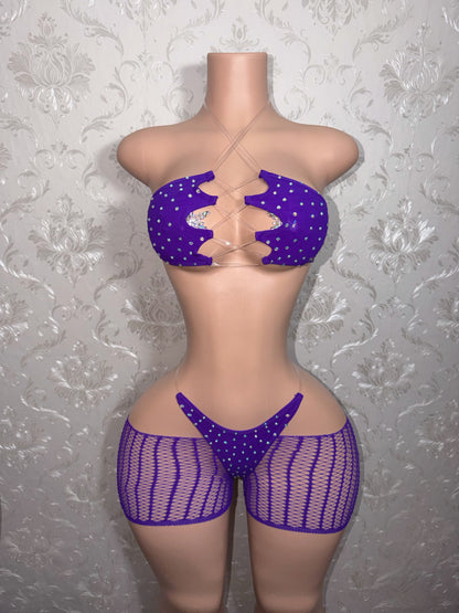 Riyah Diamond Studded Mesh Kini 3 Piece Set