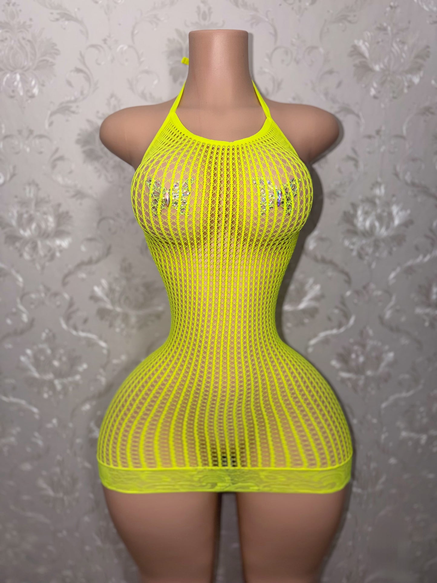 Serena Halter Lace Fishnet Hem Dress Fits XS-XL