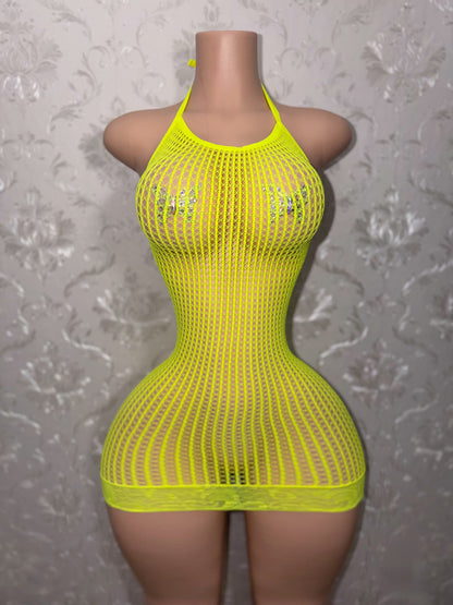 Serena Halter Lace Fishnet Hem Dress Fits XS-XL