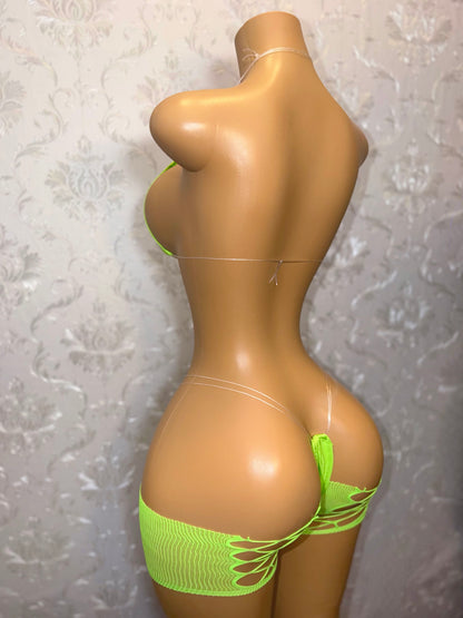 Kiwi Rhinestone 3 Piece Includes Cut Off Fishnet Shorts