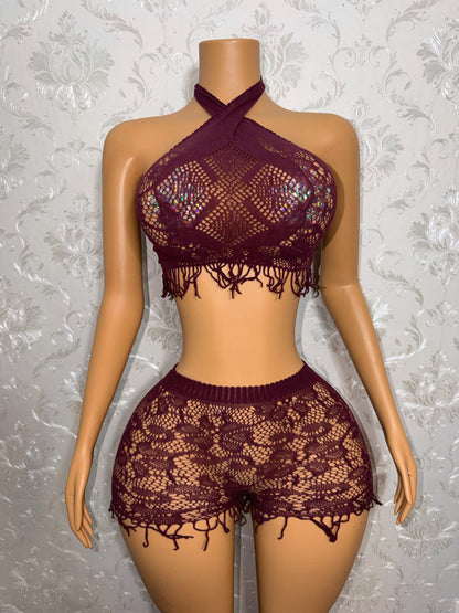 Amber Fringe Fishnet Shorts Set In Currant