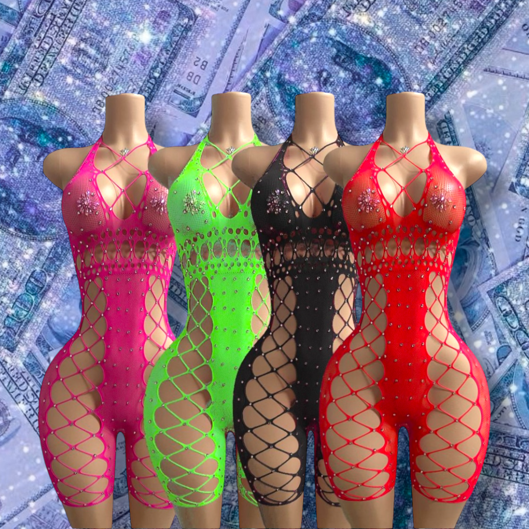 Draya Clear Stones Fishnet Romper Fits XS-L
