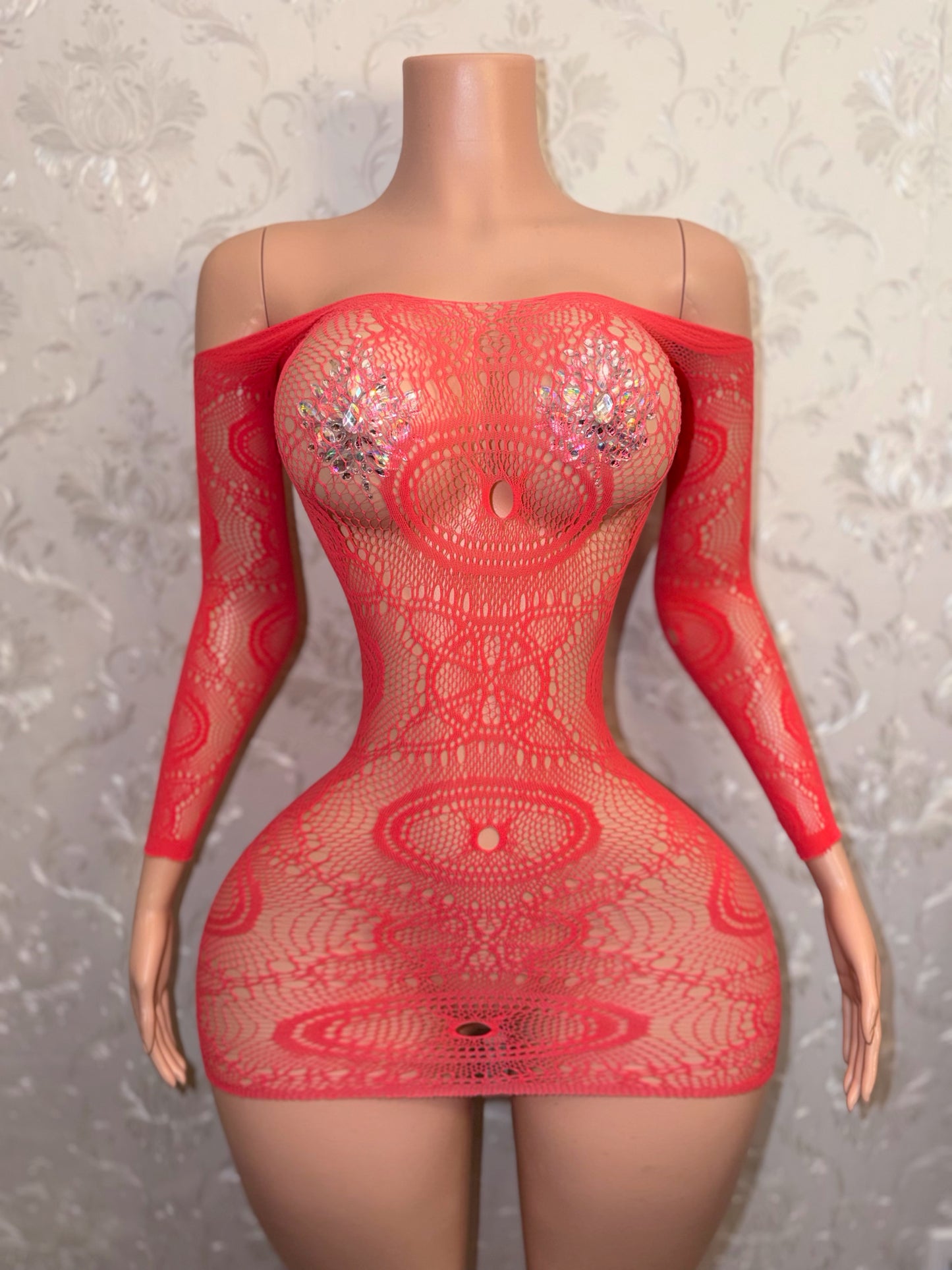 Eye of the Tiger Off Shoulder Fishnet Dress Fits XS-L