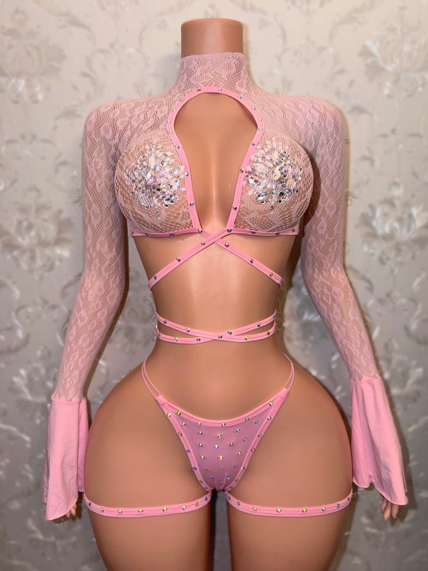 Sweetie Fishnet 3 Piece Bell Sleeve Set with Garters