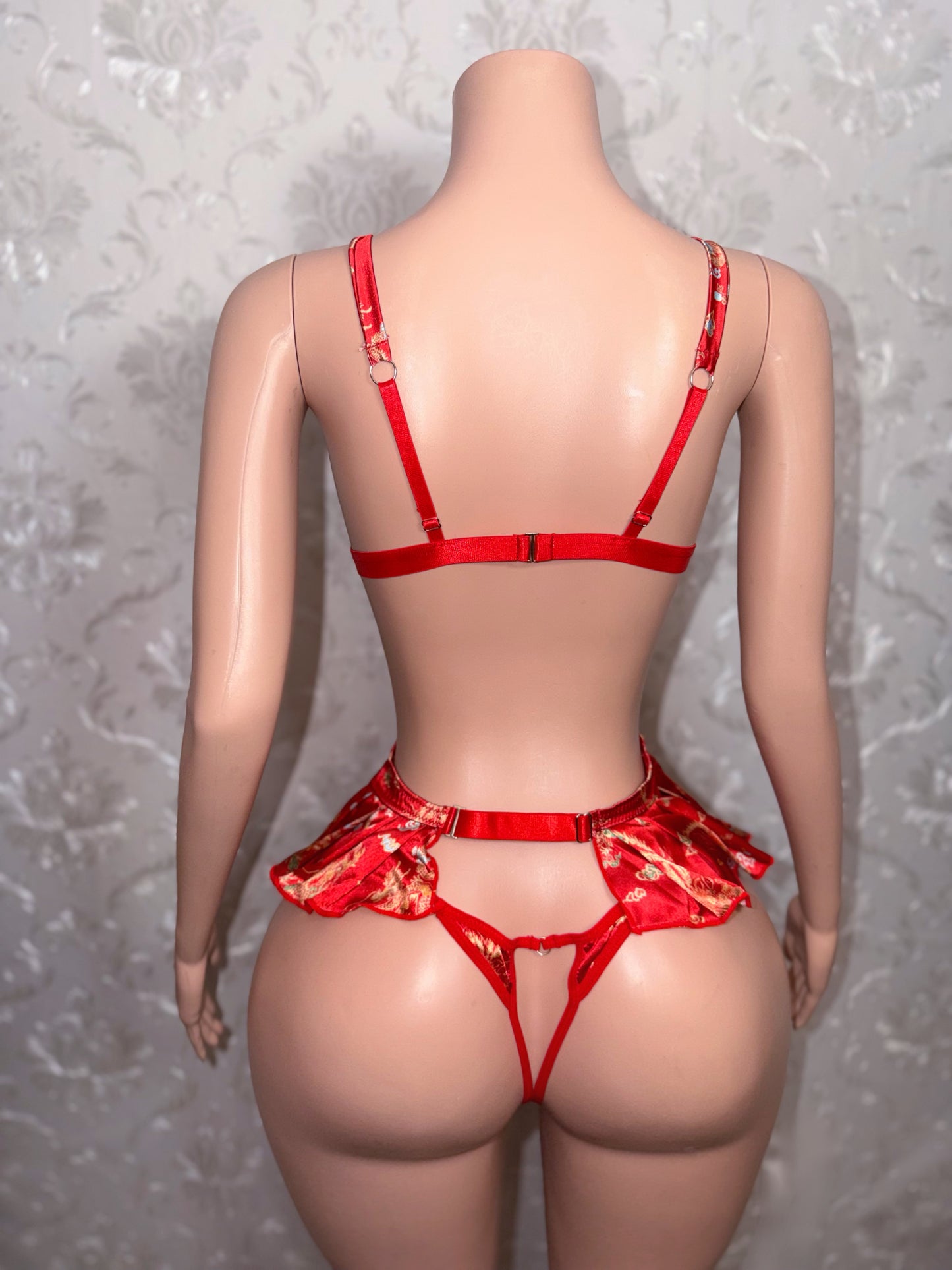 Shanghai Princess Red Dragon Pleated Satin 1 Piece Fits M