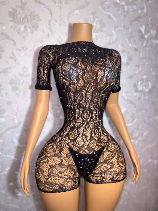 Suriyah — Rolled Sleeve Rhinestone Backless Fishnet Romper Fits XS-M