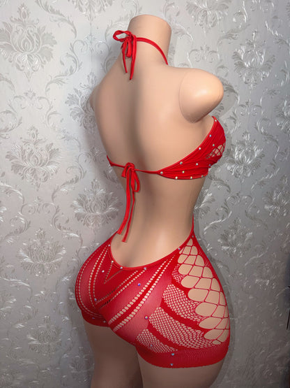 New PLT 2.0 Halter Rhinestone Fishnet Romper Fits S-XL