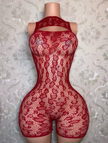 Royalty Cheetah Fishnet Plain or Stoned Heart Design Dress Fits XS-L Romper XS-M