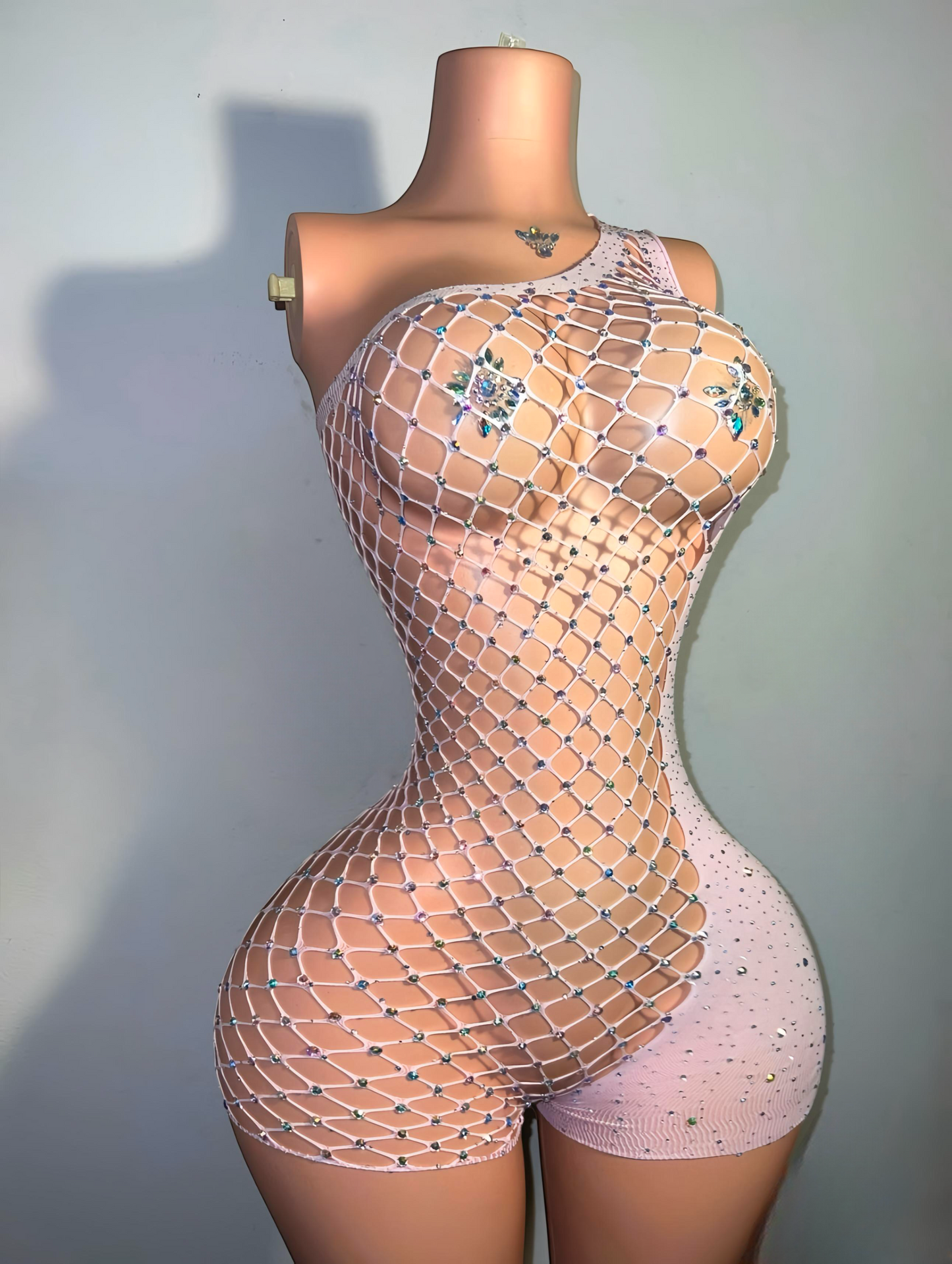 Holiday Bedazzled Romper Asymmetrical Fishnet Fits XS-L