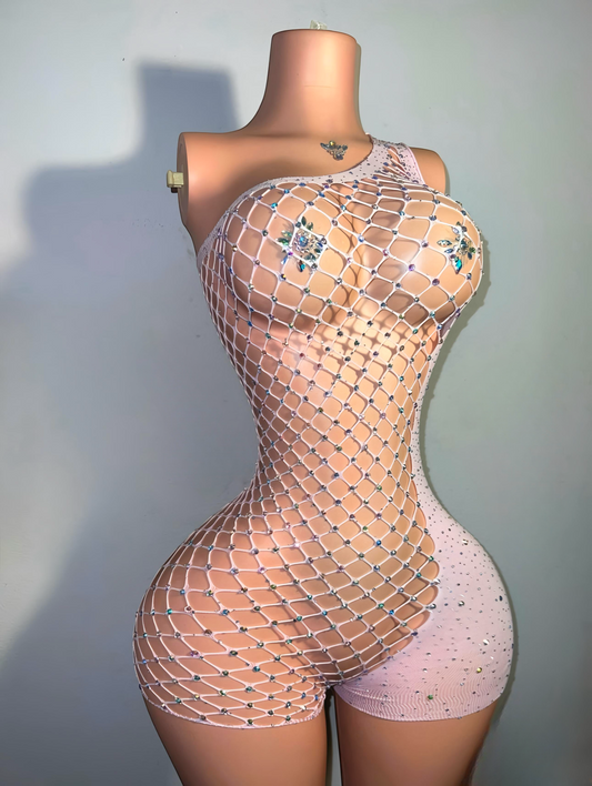 Holiday Bedazzled Romper Asymmetrical Fishnet Fits XS-L