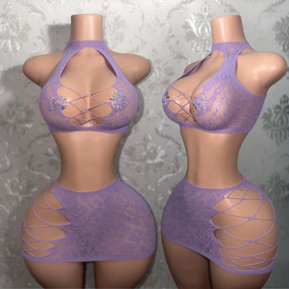 Syn 2 Piece Fishnet Skirt Set Fits XS-L