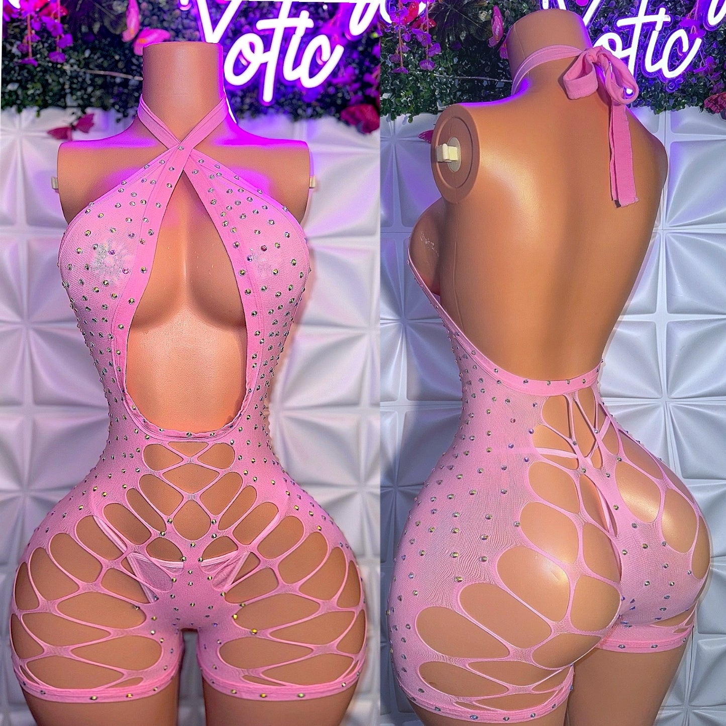 Dollas - Mesh Romper Set with Extra Rhinestones and Thong Fits XS-L