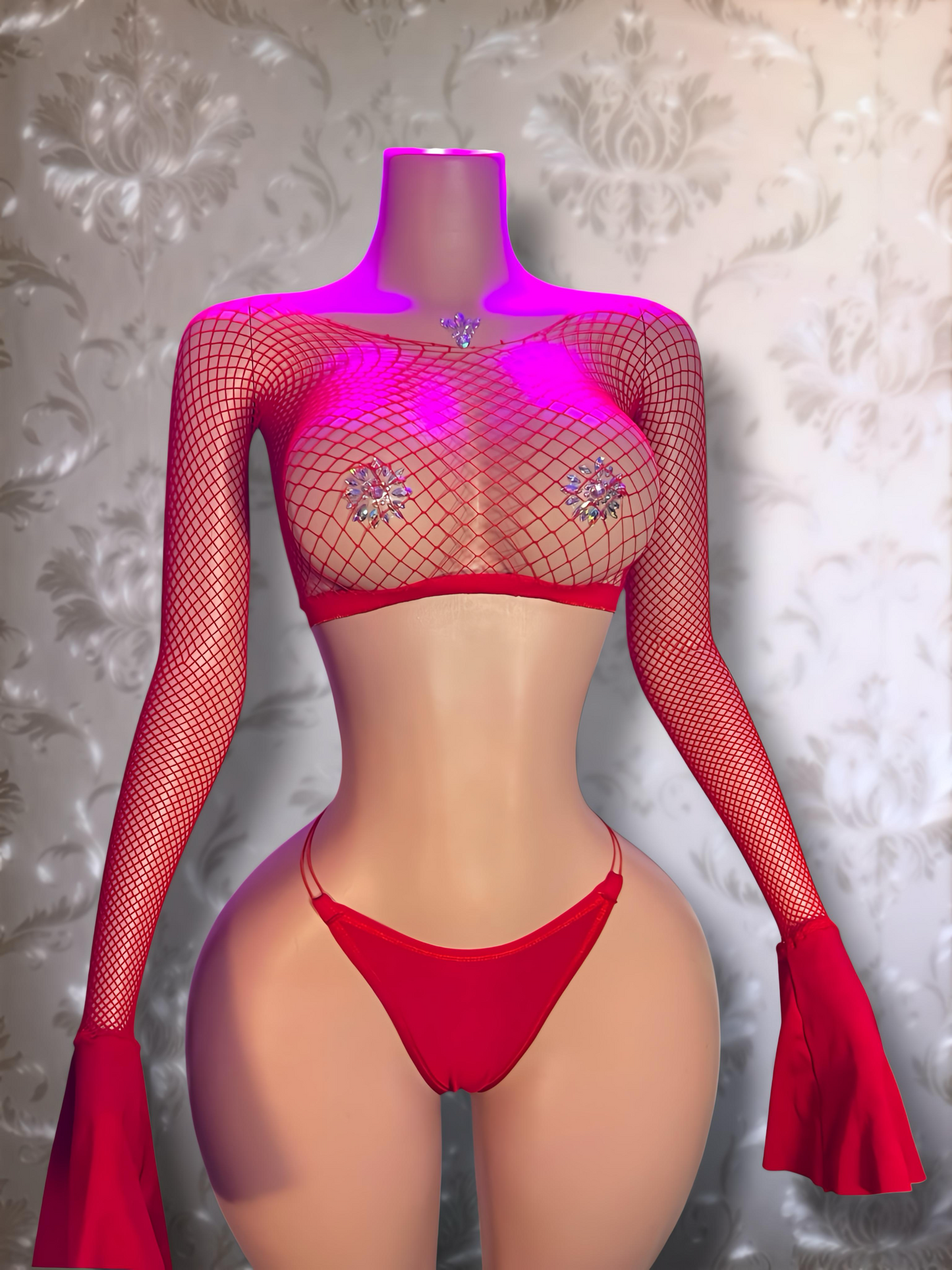 Bella Bell Sleeve Crop Top Fishnet 2 Piece Set Fits XS-L