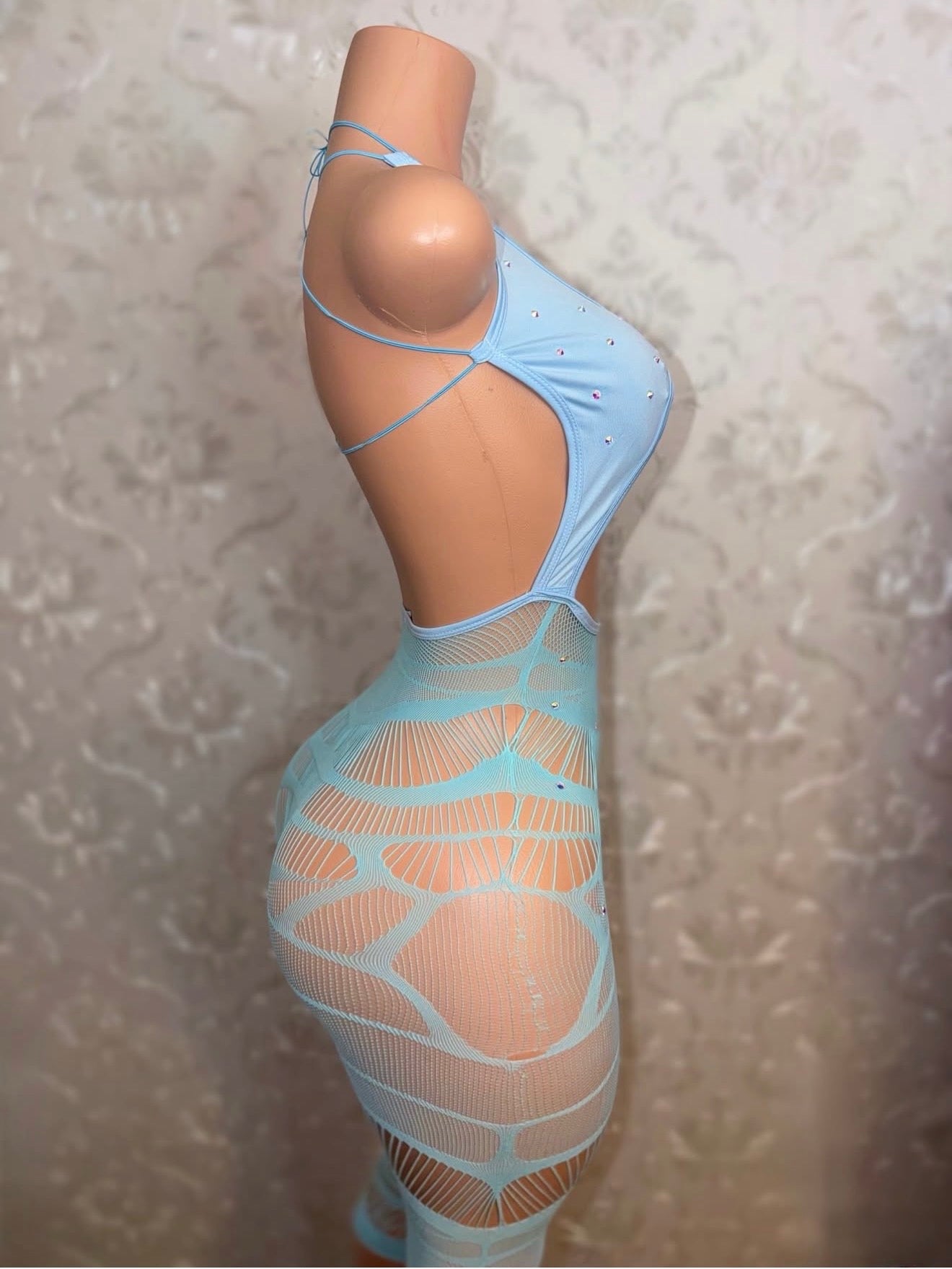 Skai Rhinestone Capri Fishnet Jumpsuit Fits S-M