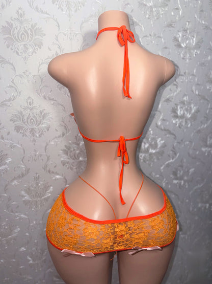 Orange Squeezy Kawaii Lace Micro Skirt Set Fits XS-M