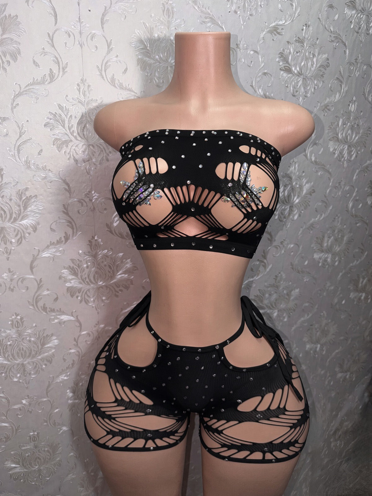 Xtina Rhinestone Cutout Fishnet Shorts Set Fits M