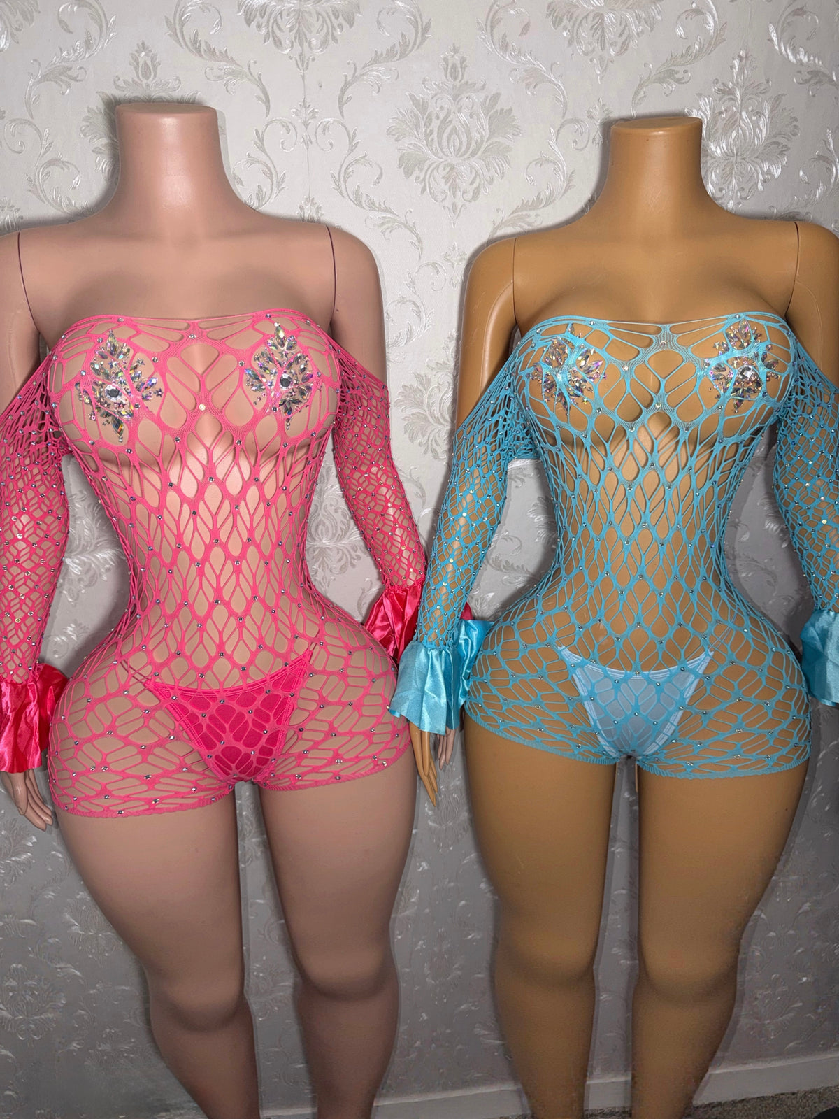 Kayla Off Shoulder Rhinestone Fishnet Romper Fits XS-M