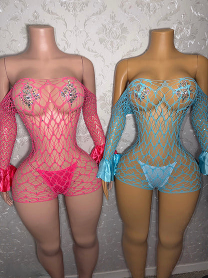 Kayla Off Shoulder Rhinestone Fishnet Romper Fits XS-M