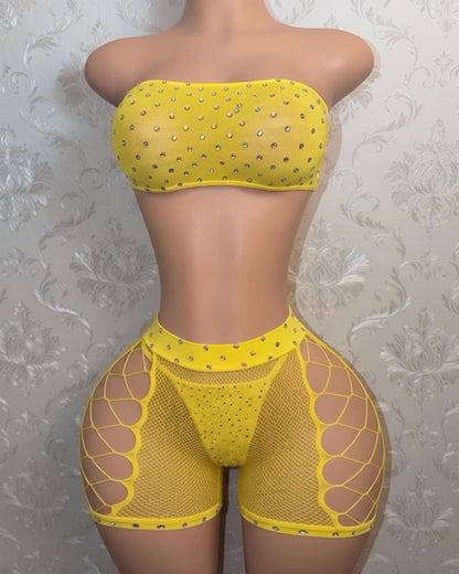 Majesty Rhinestone Crotchless Fishnet Shorts Set Fits XS-L