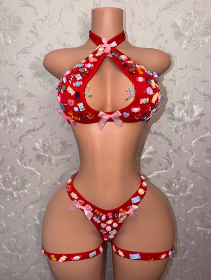 Kandi Krush 3 Piece Candy Junk Bikini Set with Leg Garters Fits S-XL