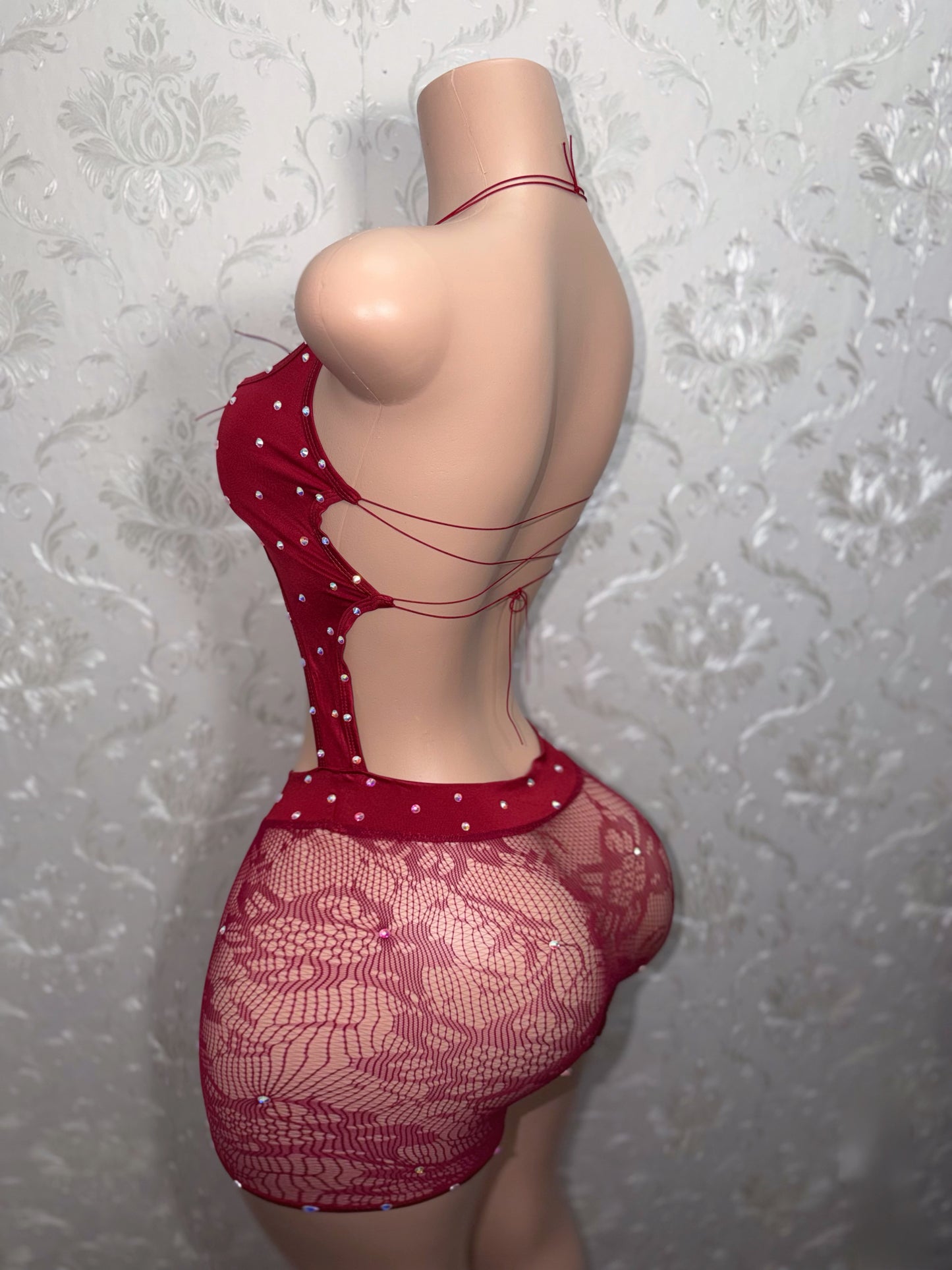 Foxy Burgundy Fishnet Romper Optional Thong Fits M-L
