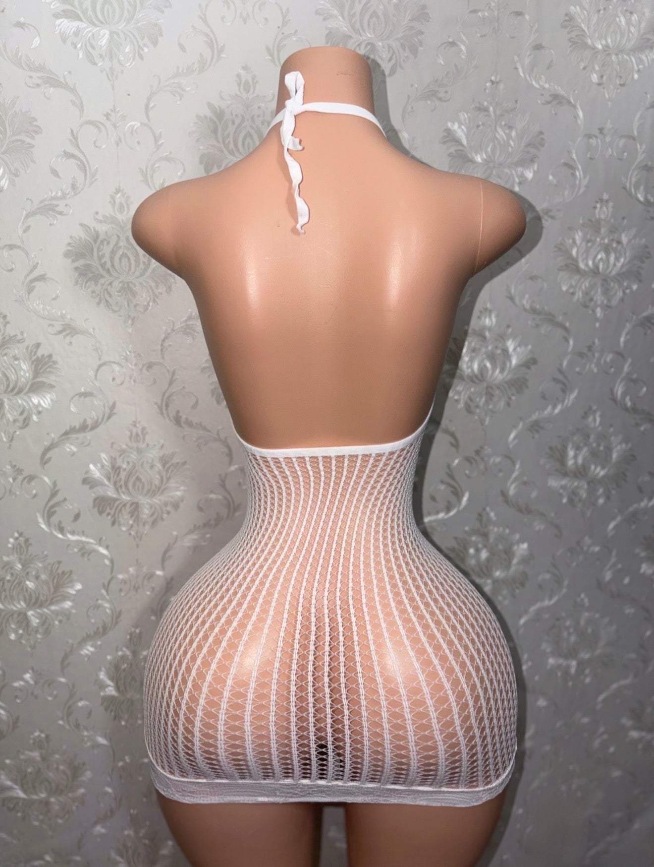 Serena Halter Lace Fishnet Hem Dress Fits XS-XL