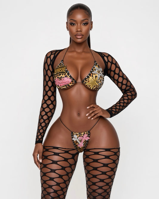 Expensive Baddie Custom Leopard 4 Piece Bikini & Fishnet Set Fits XS-XL