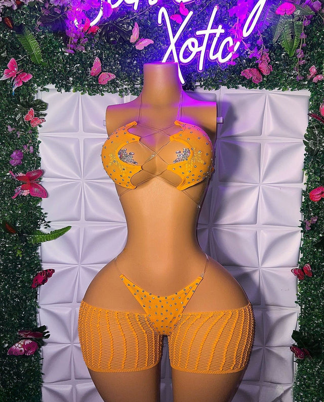 Riyah 3 Piece Set Rhinestone Mesh Kini with Cut-Off Fishnets Fits S-XL